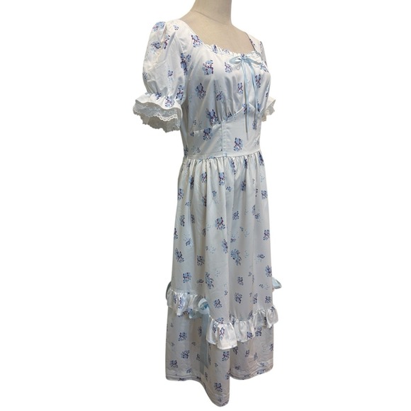 White Blue Floral Milkmaid Midi Dress Sz M Coquette Romantic Ruffles Bows Puff - Picture 3 of 10